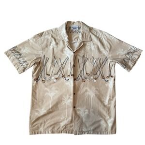 Vintage Pacific Legend Hawaiian Shirt Men's L Khaki Tan‎ Floral Golf Graphic USA